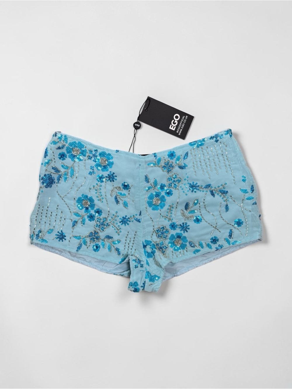 EGO Blue Floral Sequin Low Waist Cheeky Mini Shorts NWT